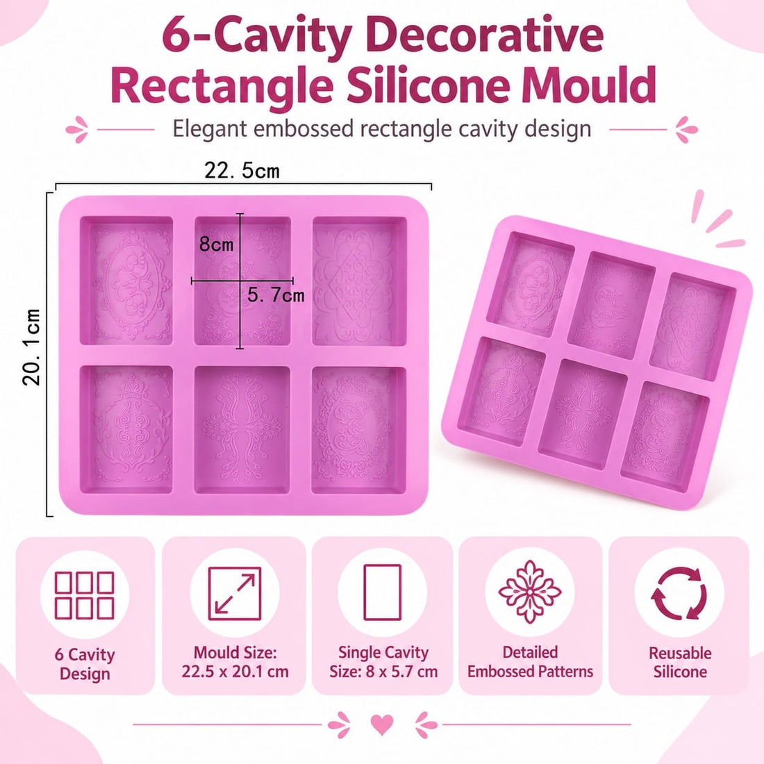 generic 6-Cavity Decorative Rectangle Silicone Mould – 22.5 × 20.1 CM | Embossed Pattern Design
