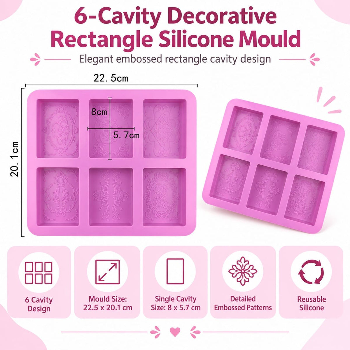 generic 6-Cavity Decorative Rectangle Silicone Mould – 22.5 × 20.1 CM | Embossed Pattern Design