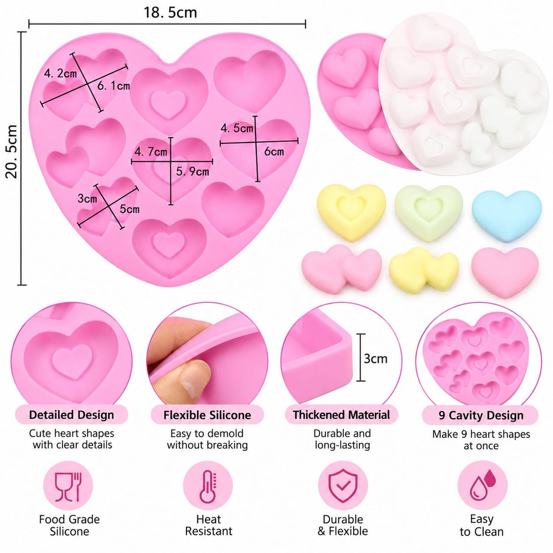 generic 9-Cavity Heart Shape Silicone Mould – 18.5 × 20.5 CM | Assorted Heart Designs
