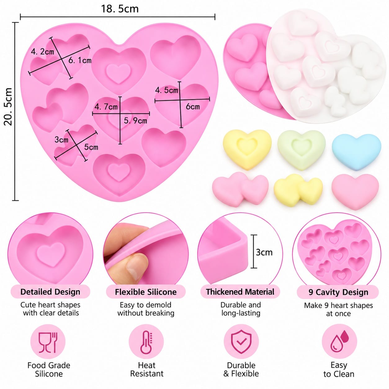 generic 9-Cavity Heart Shape Silicone Mould – 18.5 × 20.5 CM | Assorted Heart Designs