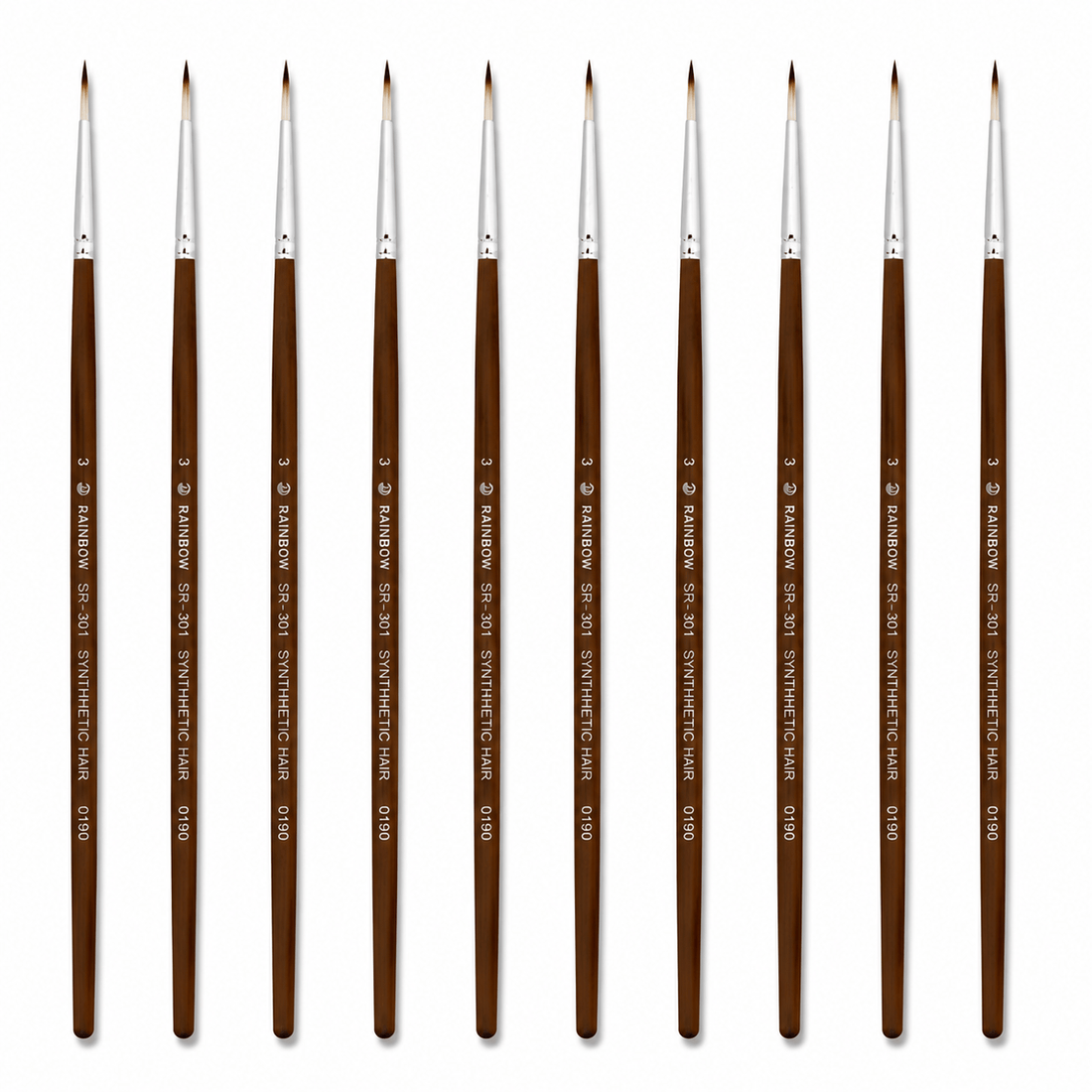 Rainbow India No. 3 Pointed Round Synthetic Hair Detail Paint Brush – Pack Of 10 Pieces
